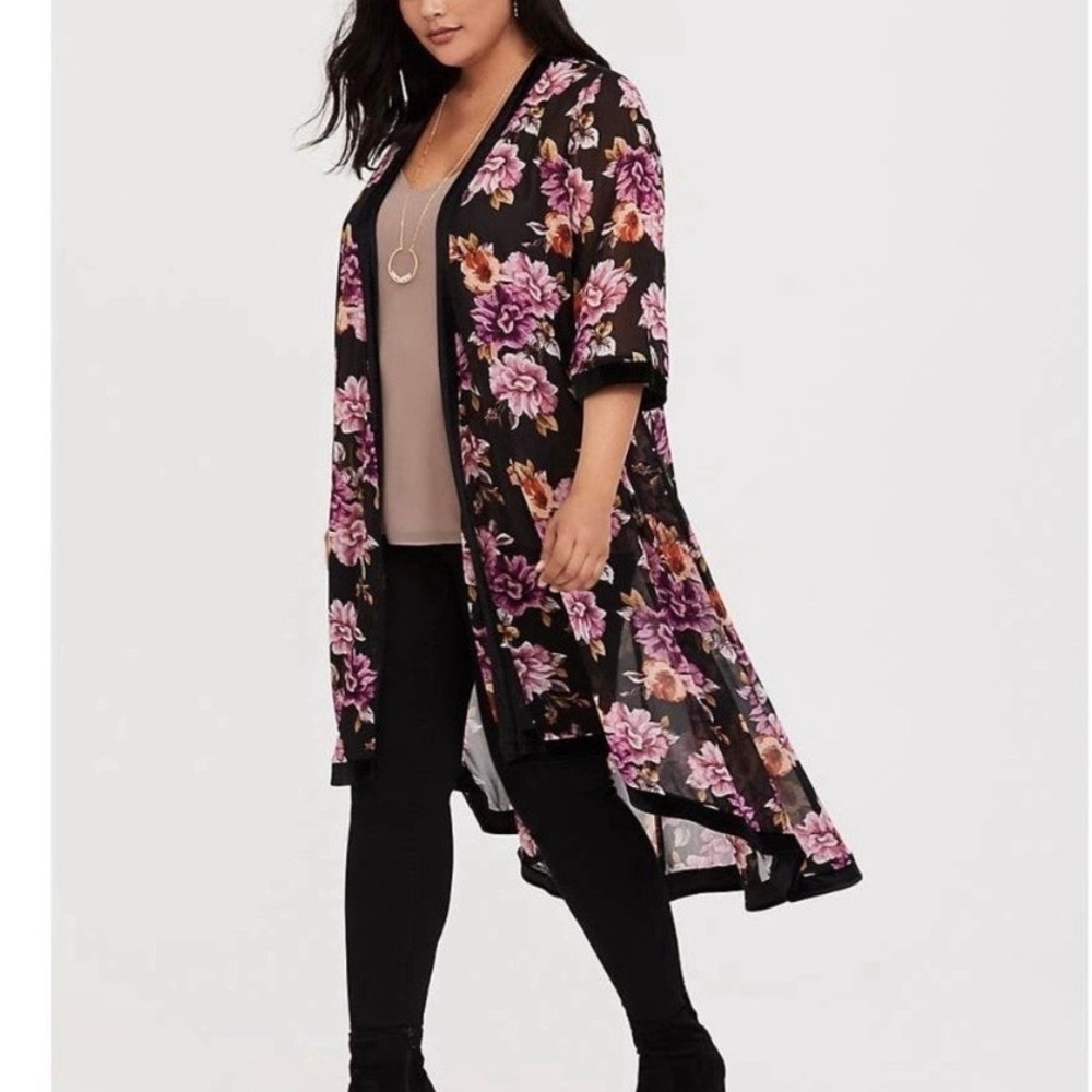 Torrid Pink Floral Black Velvet Trim Chiffon Duster Open Kimono Boho Layers 4X